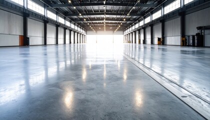 Spacious industrial warehouse with polished concrete floor and bright natural light flooding in