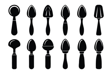 A collection of diverse black spoon silhouettes showcasing various bowl shapes and handle designs against a clean white background