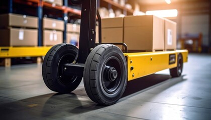 Yellow hand truck transporting cardboard boxes in a well-lit warehouse setting