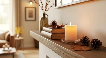 Cozy autumn home decor with candle and books, perfect for lifestyle blogs