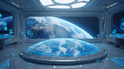 Futuristic Space Station with Holographic Earth Display