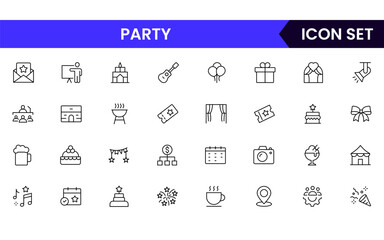 Party vector web line icon collection, sleek illustrations of calendars, tickets, venues, decorations for organized, festive designs.