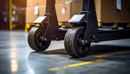 Close-up view of a modern electric scooter's wheels in a warehouse setting with boxes in the background