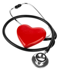 Stethoscope and red heart isolated on white background.