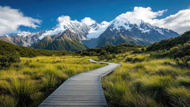 Scenic wooden boardwalk winding through lush meadow towards snow-capped mountains - Powered by Adobe