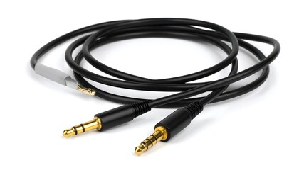 Black audio cable coiled on white background