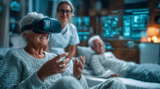 Senior woman using virtual reality in futuristic care facility