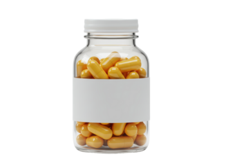 Isolated Medicine Bottle filled with Yellow Pills