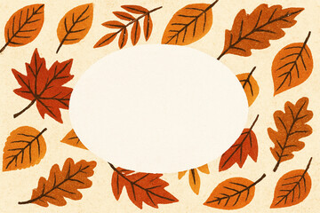 中央に丸いコピースペースのある秋の落ち葉のアナログイラスト