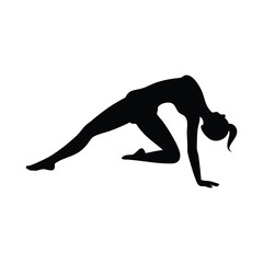 Black silhouette presents a woman doing a yoga pose while stretching her back transparent background