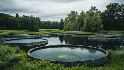 Circular water basins in a landscape