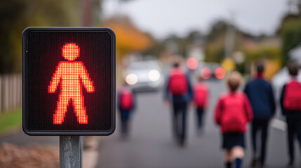 A red pedestrian stop signal is in focus in the foreground, with children wearing red backpacks walking on a road in the blurred background.
