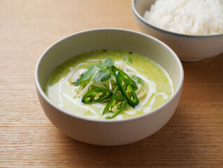 Vibrant Green Curry: An eye-level shot captures a close-up view of the tantalizing green curry, with its creamy sauce, vibrant green peppers, and delicate garnish.