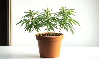 Fototapeta premium Three Healthy Cannabis Plants Growing in Pots Under Natural Sunlight – Indoor Cultivation and Home Growing Concept