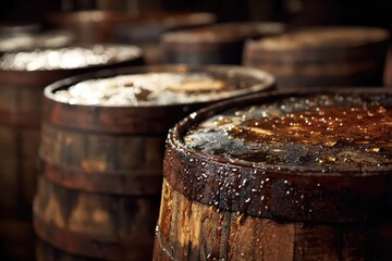 Aged liquid glistening atop worn oak barrels in a dark warehouse setting