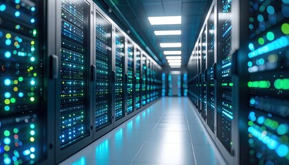 Fototapeta premium Modern Data Center Interior With Glowing Server Racks