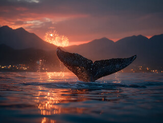 Fototapeta premium majestic whale tail emerging from the water, with a stunning backdrop of vibrant fireworks lighting up the sky. The scene is set during twilight, with a mountainous landscape in the distance 