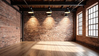 Spacious industrial interior with exposed brick walls, wooden floor, and modern lighting