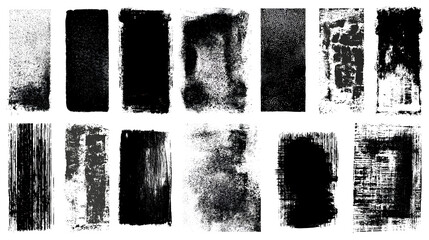Linocut, relief printing, letterpress rectangle A4 shapes rough textures set, collection. Black linocutting textured backgrounds, text frames. Paint roller geometric stains, lino ink grungy remains	 S