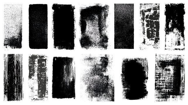 Linocut, relief printing, letterpress rectangle A4 shapes rough textures set, collection. Black linocutting textured backgrounds, text frames. Paint roller geometric stains, lino ink grungy remains	 S