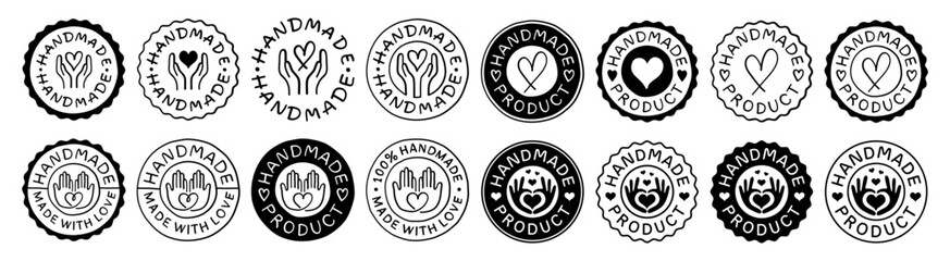 Set Of Hand-Made Seal Signs. Made with Love Stickers. Handmade Stamp Badges Vector Design. Handcraft Emblem.