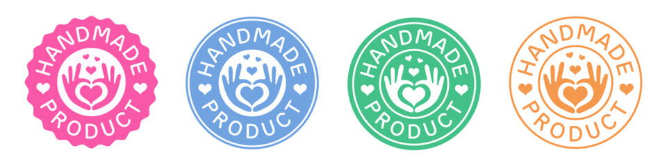 Set Of Hand-Made Seal Signs. Made with Love Stickers. Handmade Stamp Badges Vector Design. Handcraft Emblem.