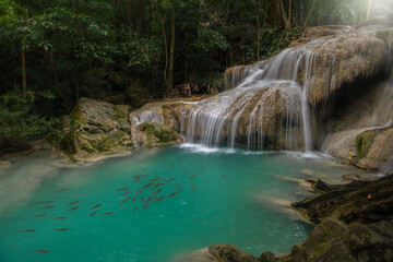 Landscape view of Erawan waterfall kanchanaburi thailand.Erawan National Park is home to one of the most popular falls in the thailand.