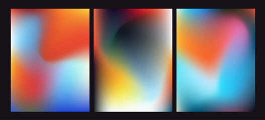 Fototapeta premium Vector illustration showcases a triptych of minimalist abstract designs with smooth, blended gradients. The style is modern and ethereal, with a vibrant theme. Colors include red, orange, blue.