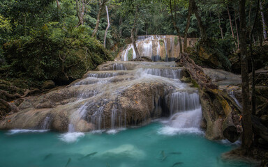 Landscape view of Erawan waterfall kanchanaburi thailand.Erawan National Park is home to one of the most popular falls in the thailand.