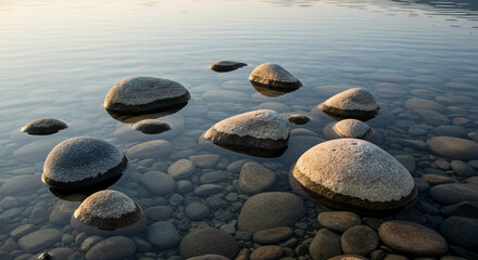 Smooth Stones in Clear Lake Water. A serene image of smooth, rounded rocks nestled in clear, shallow lake water.