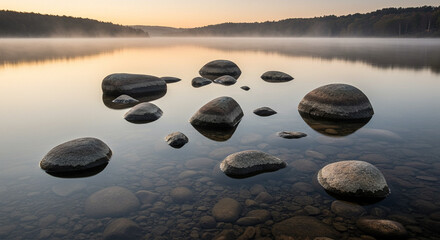 Smooth Stones in Clear Lake Water. A serene image of smooth, rounded rocks nestled in clear, shallow lake water.