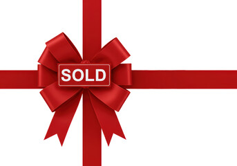 Isolated Red Ribbon and Bow Decoration with Sold Sign