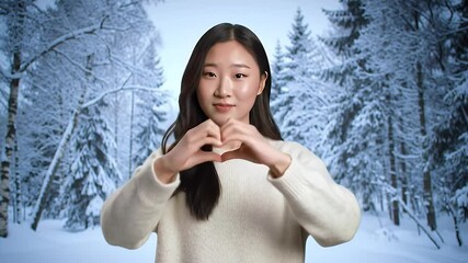 Young Asian Woman Makes Heart Shape with Hands in Snowy Winter Forest Landscape while Smiling Wearing a White Sweater and Expressing Warmth Emotion