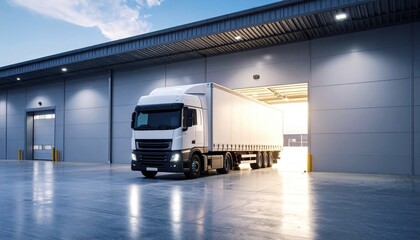 A white truck exiting a warehouse at dawn, with bright light illuminating the space