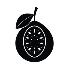Black silhouette shows a cut feijoa fruit with seeds and leaf over transparent background
