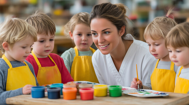 Preschool teacher guiding children in painting activity