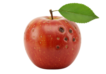 Isolated Red Apple with Scab Spots and Green Leaf