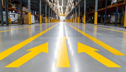Wide view of a modern warehouse interior with clear yellow arrows guiding movement and storage areas