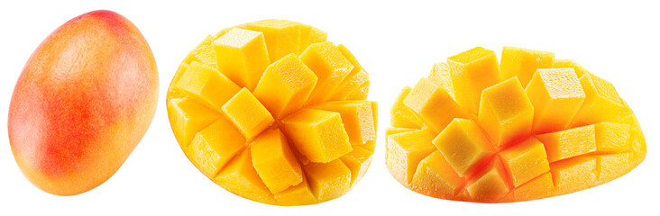 collection of mango cube slices isolated on white background