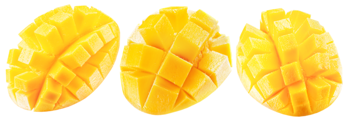collection of mango cube slices isolated on white background
