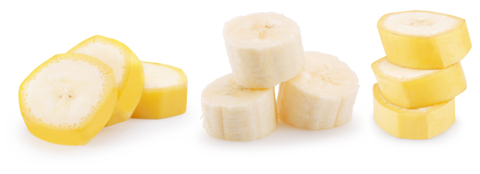 collection of banana slices isolated on white background