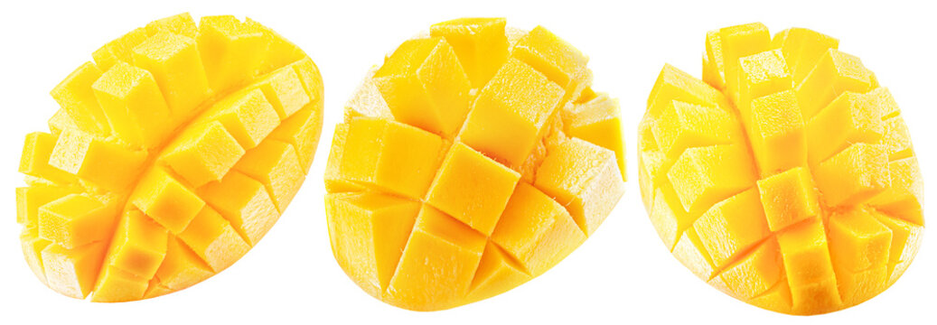 collection of mango cube slices isolated on white background