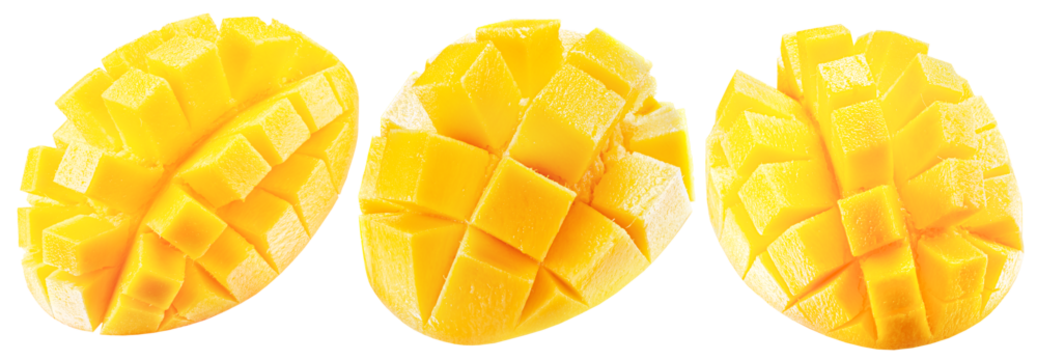 collection of mango cube slices isolated on white background