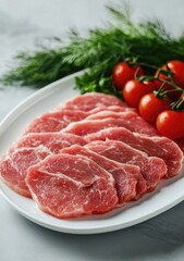 Fresh sliced pork loin on a white plate, garnished with cherry tomatoes and dill.