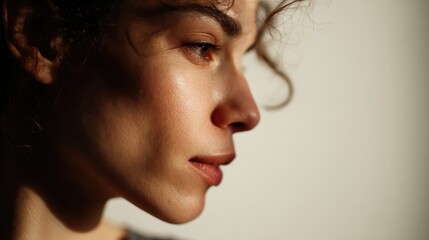 Soft light portrait with woman turned to side, half face in shadow, white background, left side empty