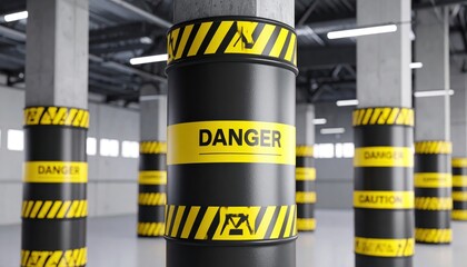 Industrial storage area with warning barrels labeled 'DANGER' and 'CAUTION' in a spacious facility
