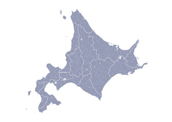 グレー色の日本地図, 北海道の行政区分付き地図, Gray map of Japan, Hokkaido