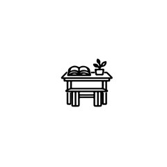A simple illustration of a table with book and plant