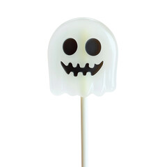 White ghost lollipop with black eyes and mouth on stick, spooky Halloween candy treat, fun festive sweet dessert for party or celebration