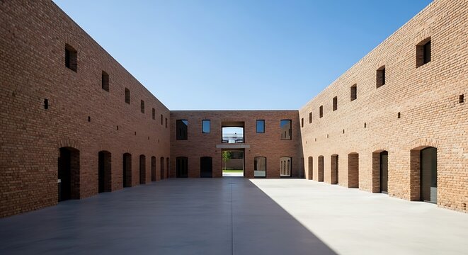 Wide-angle view of a brick building's interior courtyard bathed in sunlight. - Powered by Adobe